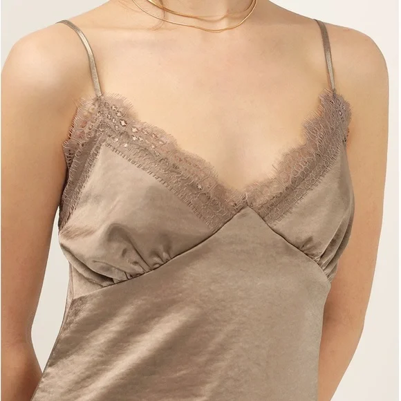 storets Satin Slip Mini Dress in Taupe/Brown silky quite luxury boho festival - Picture 6 of 11